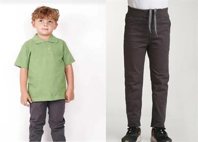 Unisex çocuk okul ribana bel pantolon - yeşil kısa kol Polo yaka t-shirt 2li takım