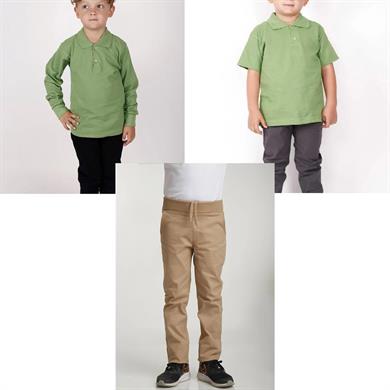 Unisex çocuk okul ribana bel pantolon - yeşil kısa kol uzun kol Polo yaka tişört 3lü takım