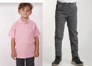 Unisex çocuk okul ribana bel pantolon - pembe kısa kol Polo yaka t-shirt 2li takım