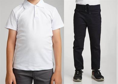 Unisex çocuk okul ribana bel pantolon - kısa kol beyaz Polo yaka t-shirt 2li takım