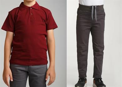 Unisex çocuk okul ribana bel pantolon - bordo kısa kol Polo yaka t-shirt 2li takım