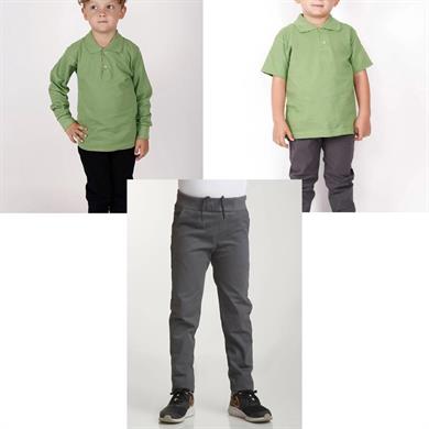 Unisex çocuk okul ribana bel pantolon - yeşil kısa kol uzun kol Polo yaka tişört 3lü takım