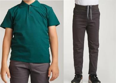 Unisex çocuk okul ribana bel pantolon - koyu yeşil kısa kol Polo yaka t-shirt 2li takım