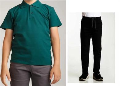 Unisex çocuk okul ribana bel pantolon - koyu yeşil kısa kol Polo yaka t-shirt 2li takım