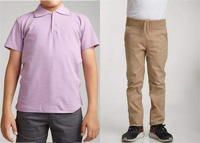 Unisex çocuk okul ribana bel pantolon - lila kısa kol Polo yaka t-shirt 2li takım