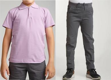 Unisex çocuk okul ribana bel pantolon - lila kısa kol Polo yaka t-shirt 2li takım