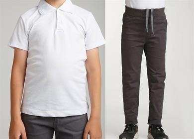 Unisex çocuk okul ribana bel pantolon - beyaz kısa kol Polo yaka t-shirt 2li takım