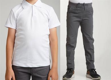 Unisex çocuk okul ribana bel pantolon - beyaz kısa kol Polo yaka t-shirt 2li takım