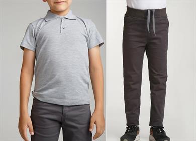 Unisex çocuk okul ribana bel pantolon - gri kısa kol Polo yaka t-shirt 2li takım
