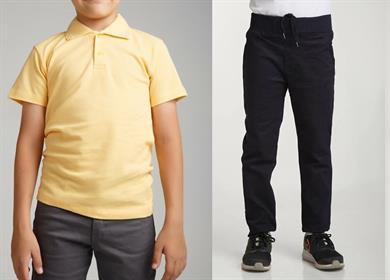 Unisex çocuk okul ribana bel pantolon - sarı kısa kol Polo yaka t-shirt 2li takım