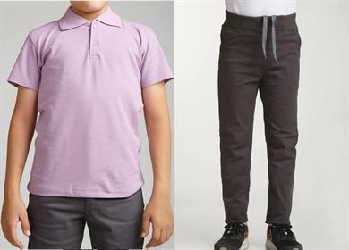 Unisex çocuk okul ribana bel pantolon - lila kısa kol Polo yaka t-shirt 2li takım