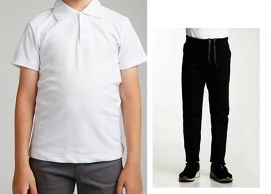 Unisex çocuk okul ribana bel pantolon - beyaz kısa kol Polo yaka t-shirt 2li takım