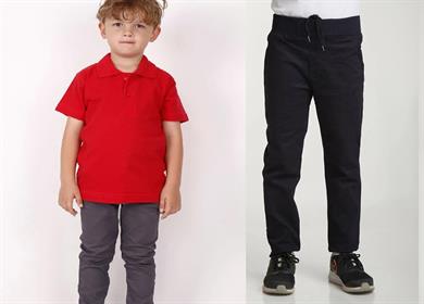 Unisex çocuk okul ribana bel pantolon - kırmızı kısa kol Polo yaka t-shirt 2li takım