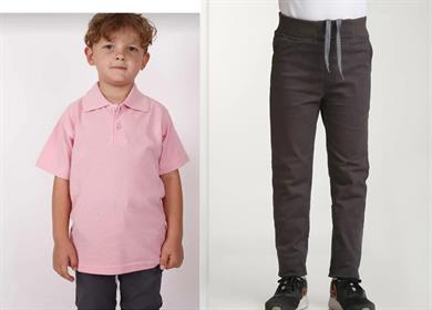Unisex çocuk okul ribana bel pantolon - pembe kısa kol Polo yaka t-shirt 2li takım