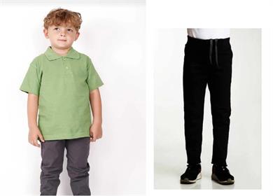 Unisex çocuk okul ribana bel pantolon - yeşil kısa kol Polo yaka t-shirt 2li takım