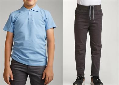 Unisex çocuk okul ribana bel pantolon - mavi kısa kol Polo yaka t-shirt 2li takım
