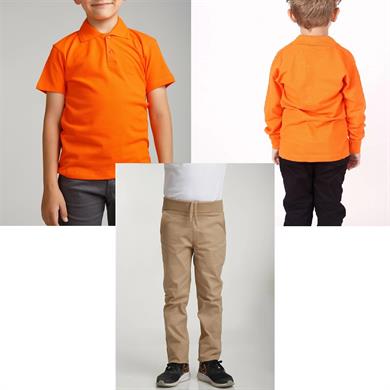 Unisex çocuk okul ribana bel pantolon - turuncu kısa kol uzun kol Polo yaka t-shirt 3lü takım