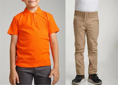 Unisex çocuk okul ribana bel pantolon - turuncu kısa kol Polo yaka t-shirt 2li takım