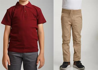 Unisex çocuk okul ribana bel pantolon - bordo kısa kol Polo yaka t-shirt 2li takım