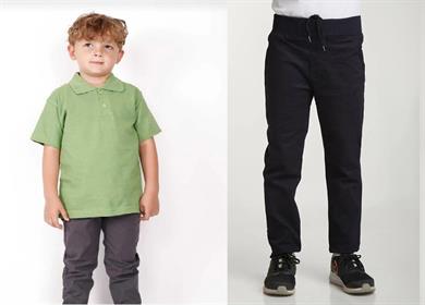 Unisex çocuk okul ribana bel pantolon - yeşil kısa kol Polo yaka t-shirt 2li takım