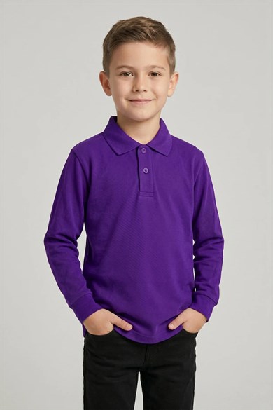 Unisex Çocuk Koyu Mor Lakost Polo Yaka Uzun Kollu Okul Tişörtü