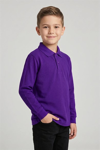 Unisex Çocuk Koyu Mor Lakost Polo Yaka Uzun Kollu Okul Tişörtü