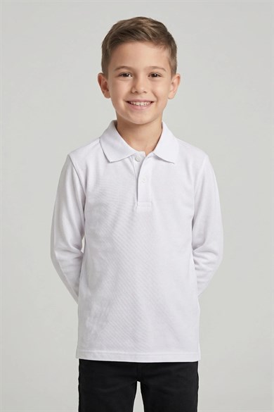 Unisex Çocuk Beyaz Lakost Polo Yaka Uzun Kollu Okul Tişörtü