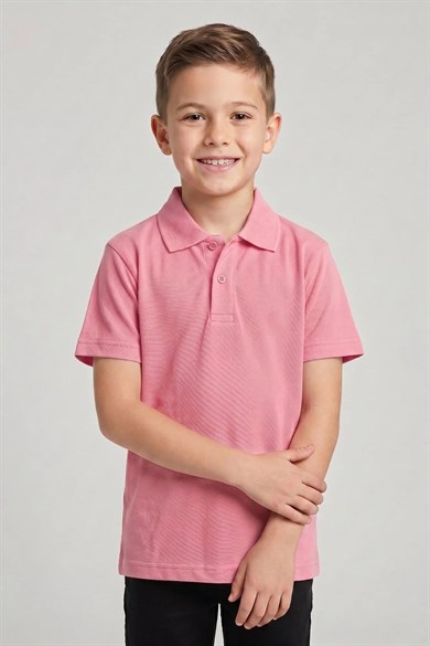 Unisex Çocuk Parlak Pembe Lakost Polo Yaka Kısa Kollu Okul Tişörtü