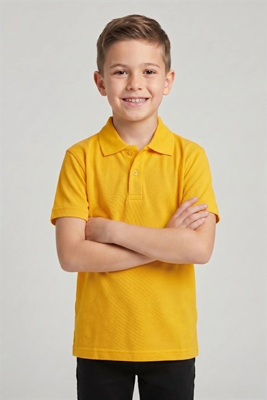 Unisex Çocuk Parlak Sarı Lakost Polo Yaka Kısa Kollu Okul Tişörtü