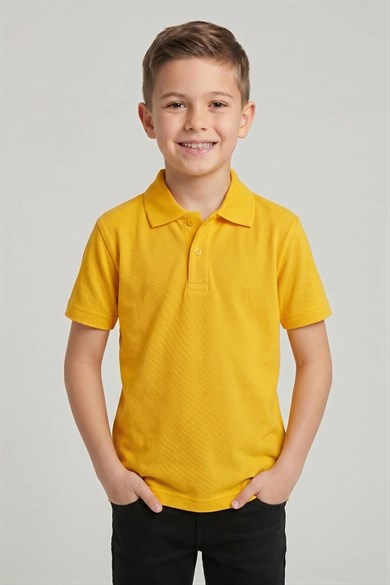 Unisex Çocuk Parlak Sarı Lakost Polo Yaka Kısa Kollu Okul Tişörtü