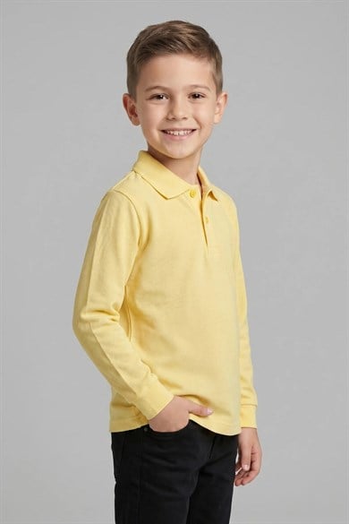 Unisex Çocuk Açık Sarı Lakost Polo Yaka Uzun Kollu Okul Tişörtü