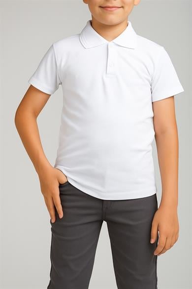 Unisex Cocuk Polo Yaka Kısa Kol Beyaz Okul Lakost Tişört