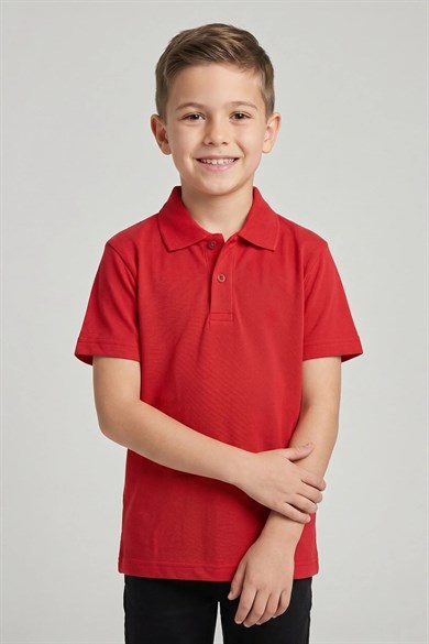 Unisex Cocuk Polo Yaka Kısa Kol Kırmızı Okul Lakost Tişört