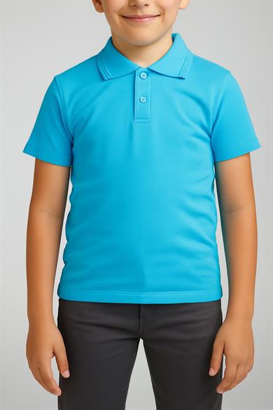 Unisex Cocuk Polo Yaka Kısa Kol Turkuaz Okul Lakost Tişört