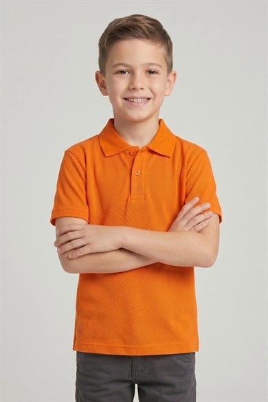 Unisex Cocuk Polo Yaka Kısa Kol Turuncu Okul Lakost Tişört