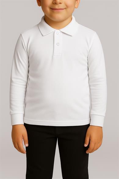 Unisex Cocuk Polo Yaka Uzun Kol Beyaz Lakost Tişört
