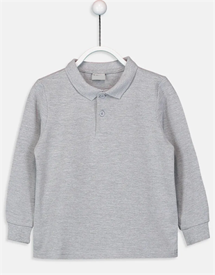Unisex Cocuk Polo Yaka Uzun Kol Gri Lakost Tişört