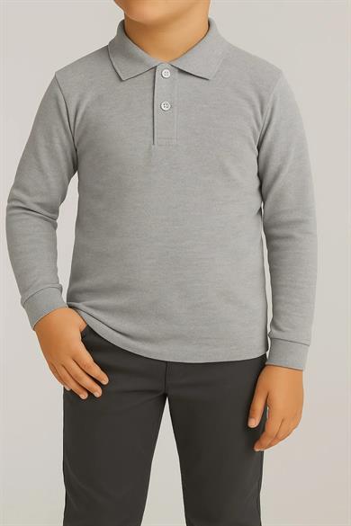 Unisex Cocuk Polo Yaka Uzun Kol Gri Lakost Tişört