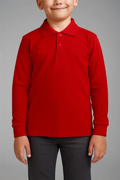 Unisex Cocuk Polo Yaka Uzun Kol Kırmızı Lakost Tişört