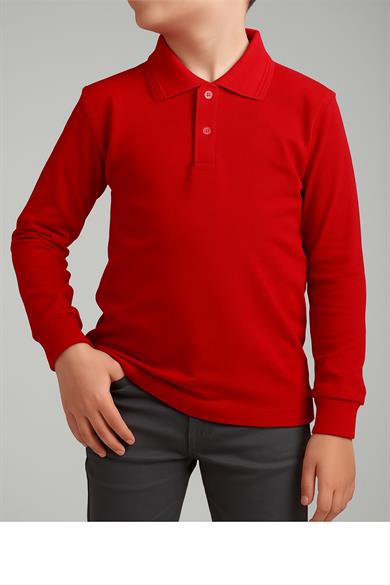 Unisex Cocuk Polo Yaka Uzun Kol Kırmızı Lakost Tişört