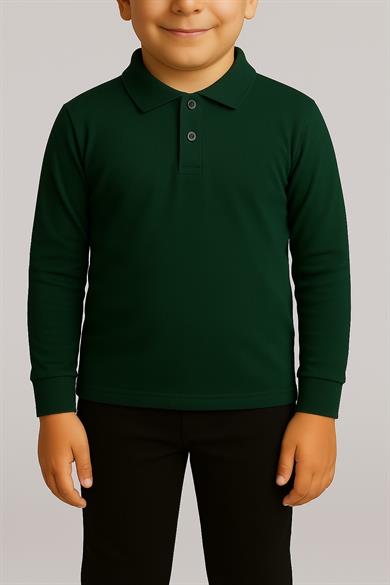Unisex Cocuk Polo Yaka Uzun Kol Koyu Yeşil Lakost Tişört