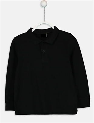 Unisex Cocuk Polo Yaka Uzun Kol Siyah Lakost Tişört