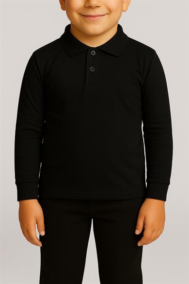 Unisex Cocuk Polo Yaka Uzun Kol Siyah Lakost Tişört