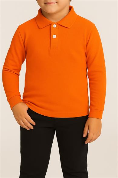 Unisex Cocuk Polo Yaka Uzun Kol Turuncu Lakost Tişört