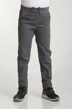 UNISEX ÇOCUK RIBANA BEL AÇIK GRİ CANVAS OKUL PANTOLONU