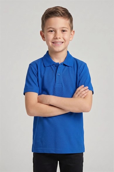 Unisex Çocuk Saks Mavi Lakost Polo Yaka Kısa Kollu Okul Tişörtü
