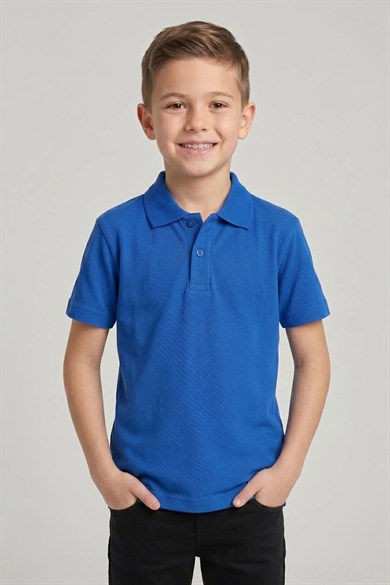 Unisex Çocuk Saks Mavi Lakost Polo Yaka Kısa Kollu Okul Tişörtü