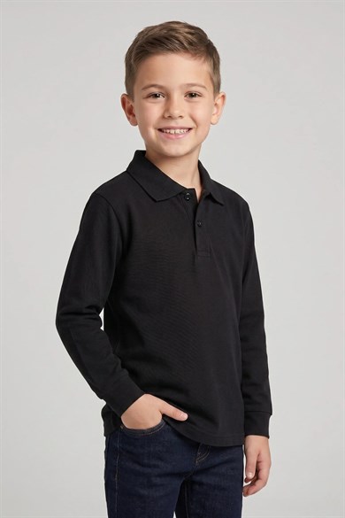 Unisex Çocuk Siyah Lakost Polo Yaka Uzun Kollu Okul Tişörtü