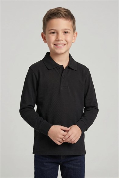 Unisex Çocuk Siyah Lakost Polo Yaka Uzun Kollu Okul Tişörtü