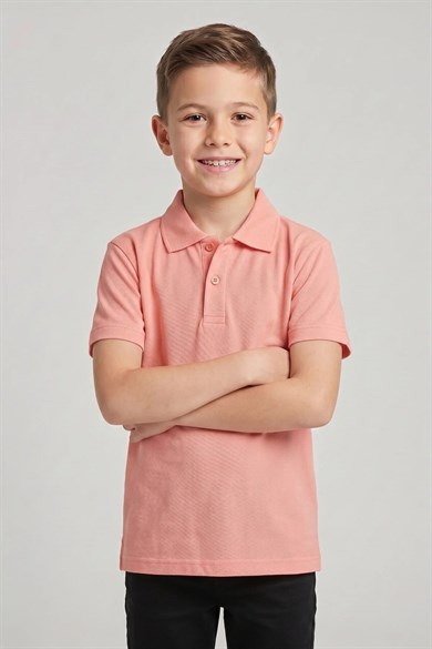 Unisex Çocuk Somon Lakost Polo Yaka Kısa Kollu Okul Tişörtü